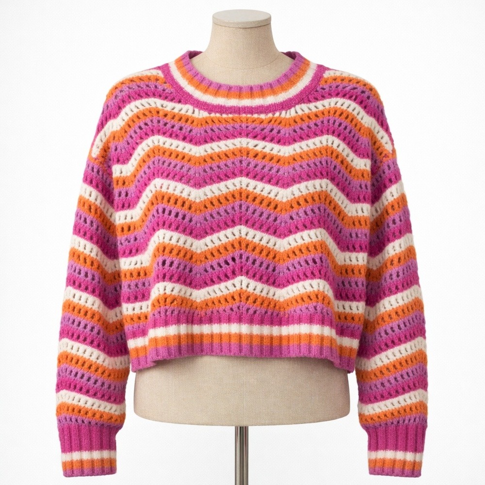Chevron Crochet Oversized Cropped Sweater Size S Pink Chunky Knit Boho Preppy‎